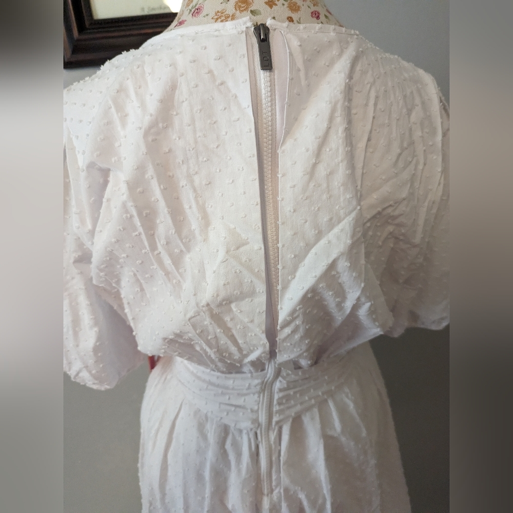 LDT Connie Dotted Tie Front Short Sleeve Blouson Midi Dress 10 White Perfect 🐇 - Picture 2 of 6